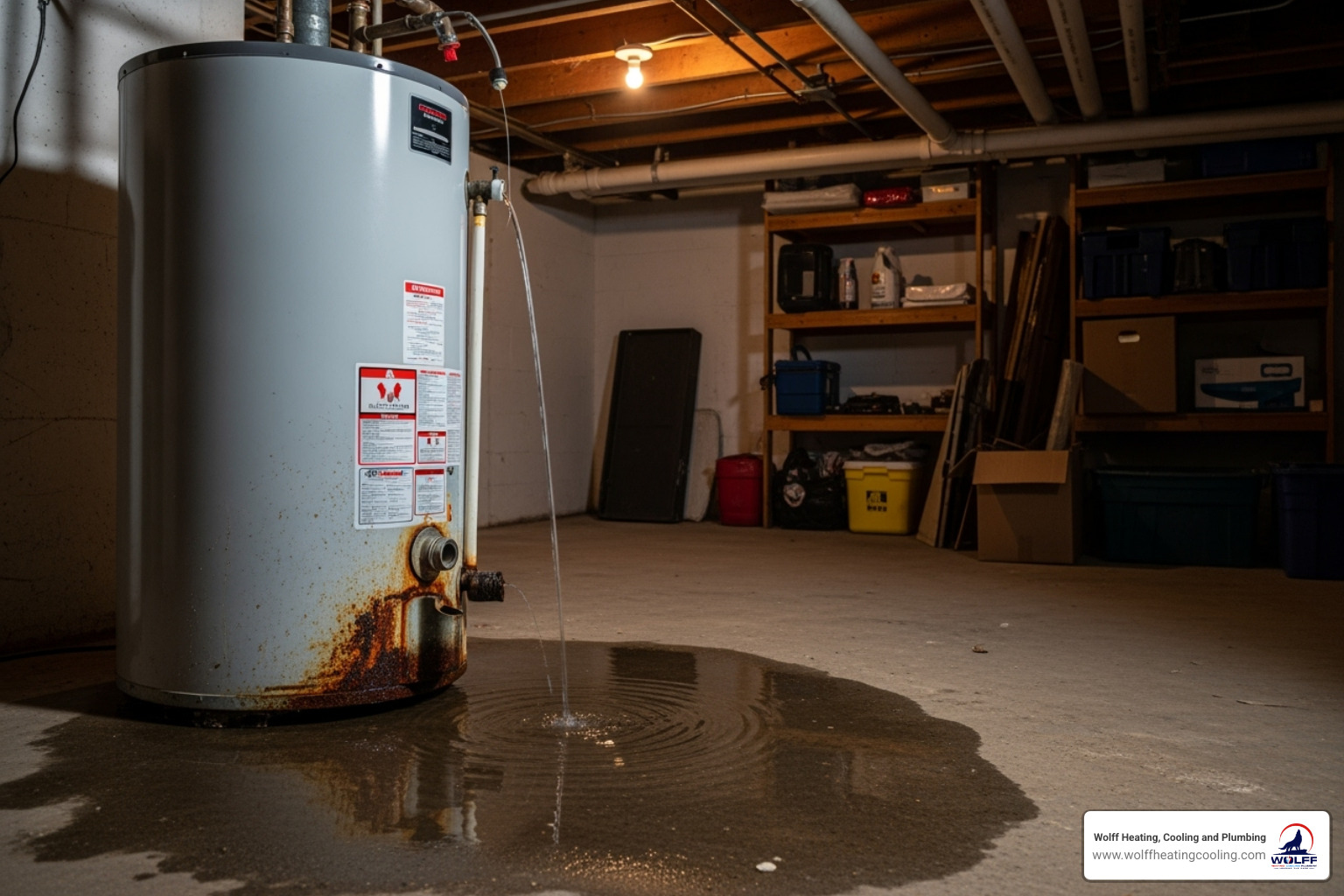 A picture of a leaking water heater base with a small puddle of water, indicating a serious problem. - hot water heater replacement albuquerque A picture of a leaking water heater base with a small puddle of water, indicating a serious problem. - hot water heater replacement albuquerque