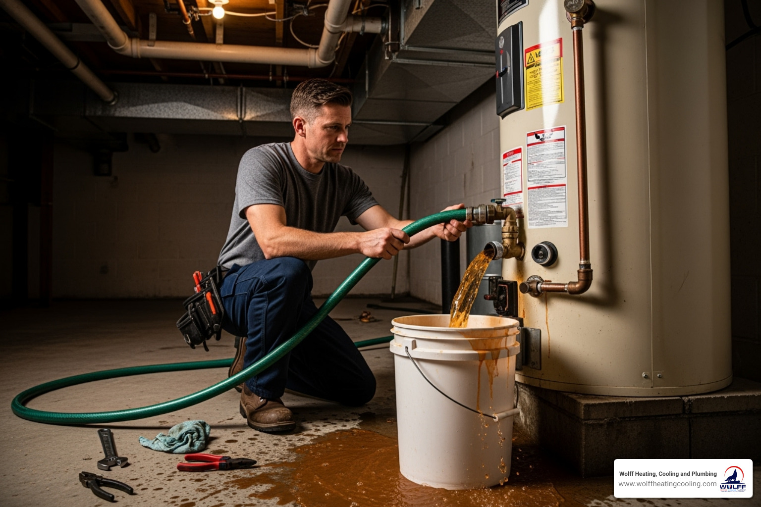 A plumber performing maintenance by flushing a tank water heater, draining out sediment and dirty water. - hot water heater replacement albuquerque A plumber performing maintenance by flushing a tank water heater, draining out sediment and dirty water. - hot water heater replacement albuquerque