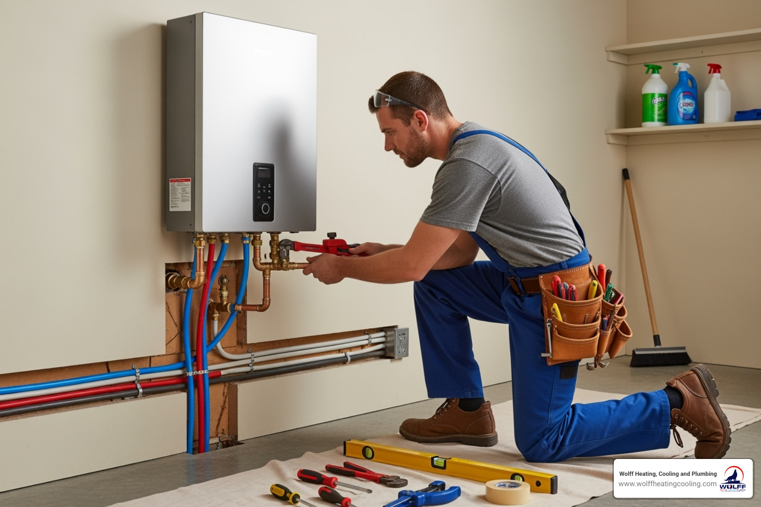 A licensed plumber carefully installing a new tankless water heater on a wall, ensuring all connections are secure. - hot water heater replacement albuquerque A licensed plumber carefully installing a new tankless water heater on a wall, ensuring all connections are secure. - hot water heater replacement albuquerque