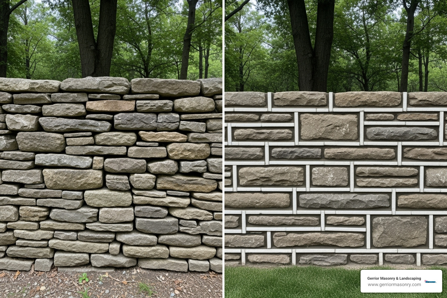 side-by-side comparison of a dry-laid wall and a mortared wall - Fieldstone wall construction