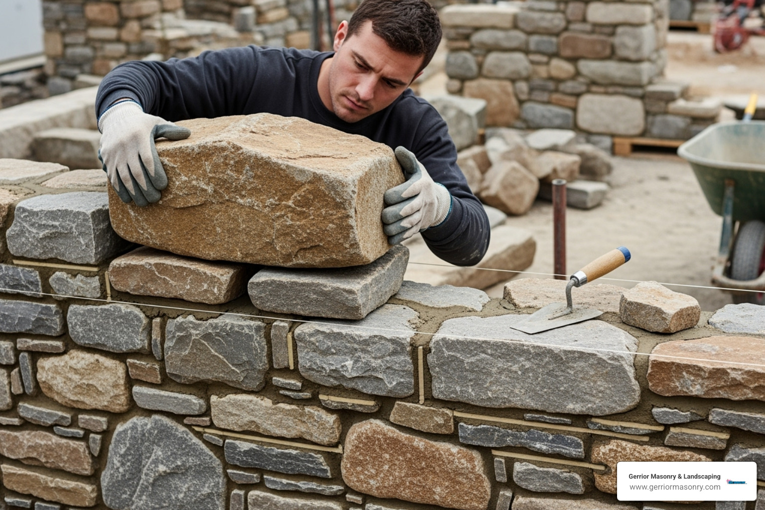a mason carefully placing a stone using the one-over-two technique - Fieldstone wall construction