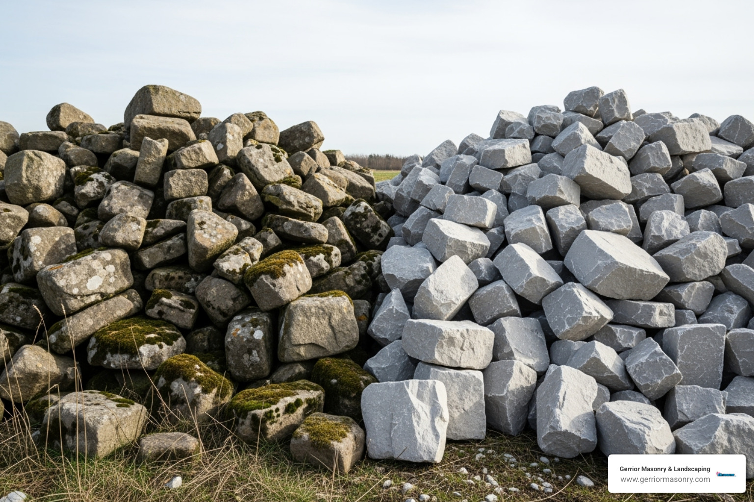 different types of fieldstone (aged vs. quarried) - Fieldstone wall construction