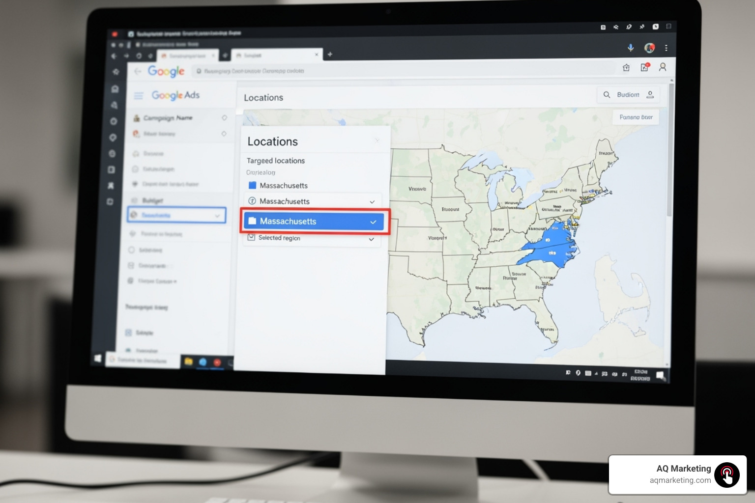 Google Ads campaign setup interface highlighting location settings for Massachusetts - YouTube Ads marketing Google Ads campaign setup interface highlighting location settings for Massachusetts - YouTube Ads marketing