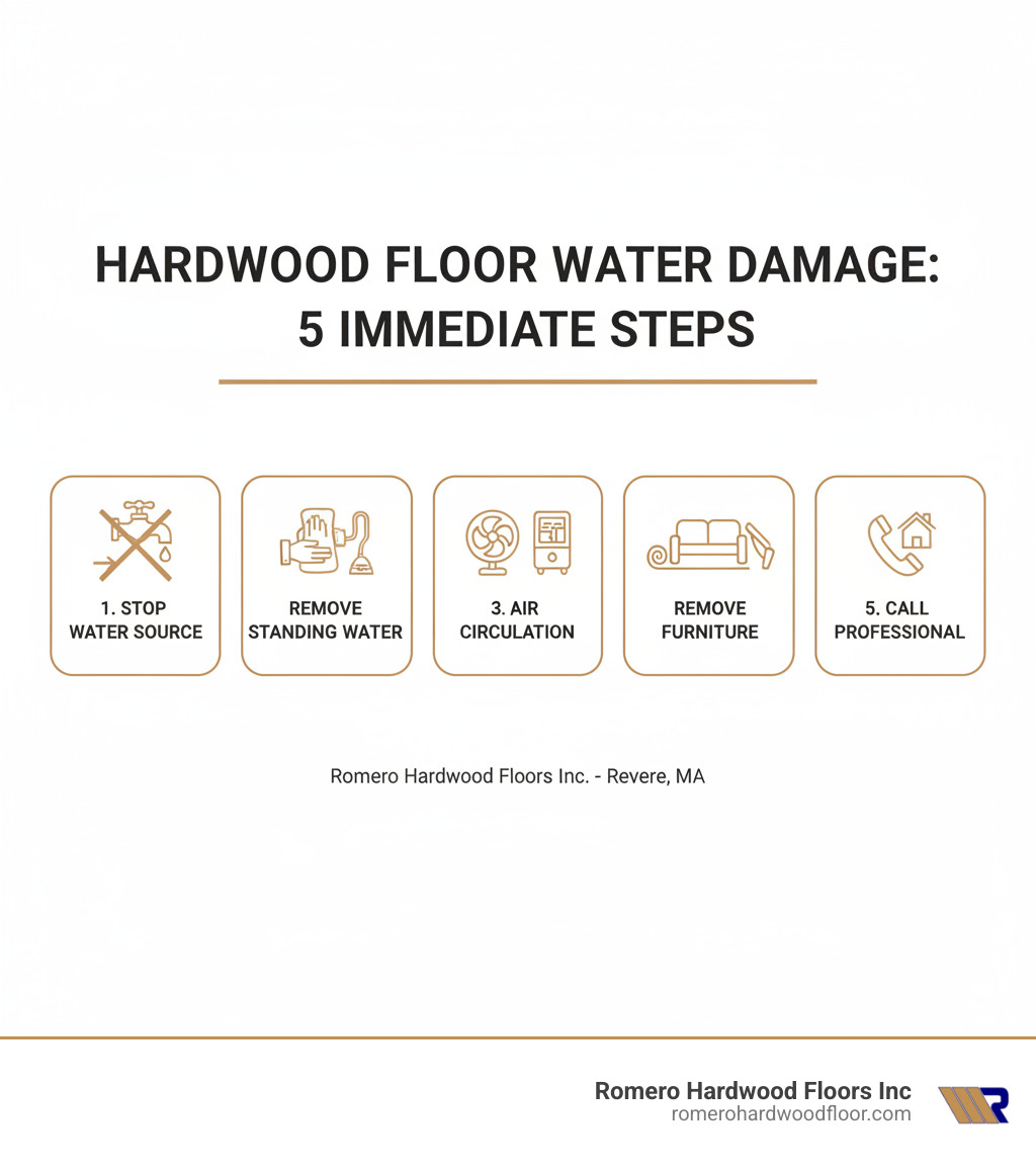 infographic showing 5 immediate steps after discovering water on hardwood floors: 1. Stop water source and shut off main supply, 2. Remove standing water with wet-vac or towels, 3. Set up fans and dehumidifiers for air circulation, 4. Remove furniture and rugs from affected area, 5. Call professional if damage is widespread or severe - Hardwood Floor Water Damage infographic 