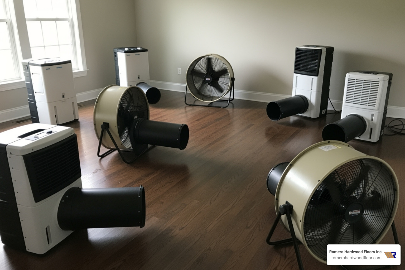 image of industrial fans and dehumidifiers set up on a hardwood floor - Hardwood Floor Water Damage