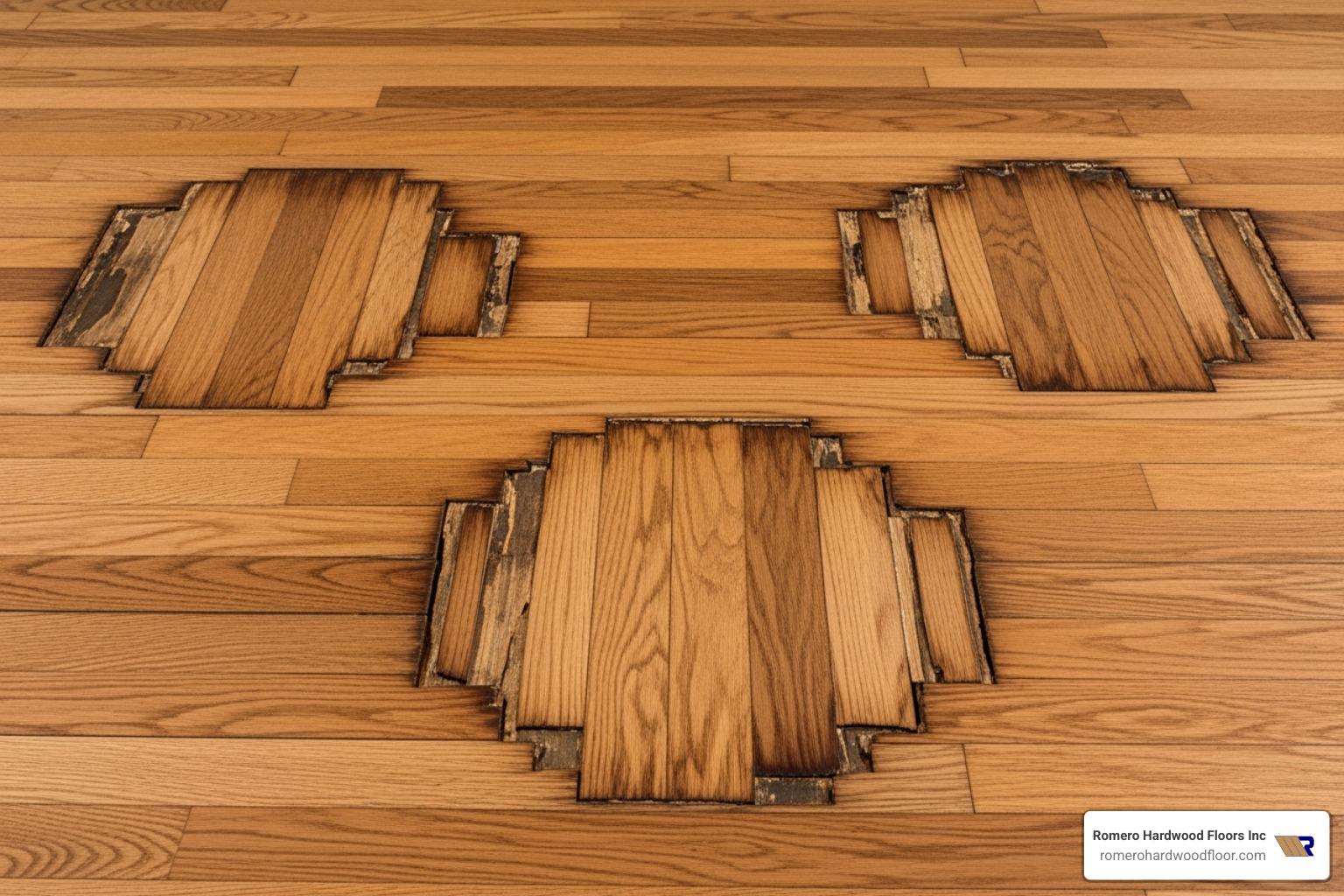 image of a hardwood floor showing distinct cupping, crowning, and buckling - Hardwood Floor Water Damage