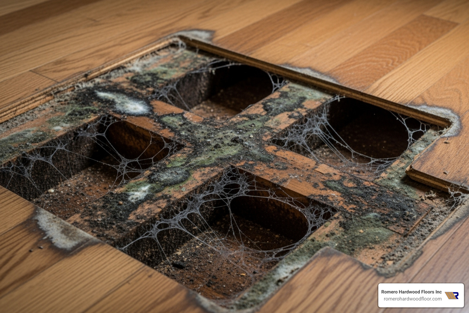 image of mold growth on a subfloor beneath hardwood planks - Hardwood Floor Water Damage