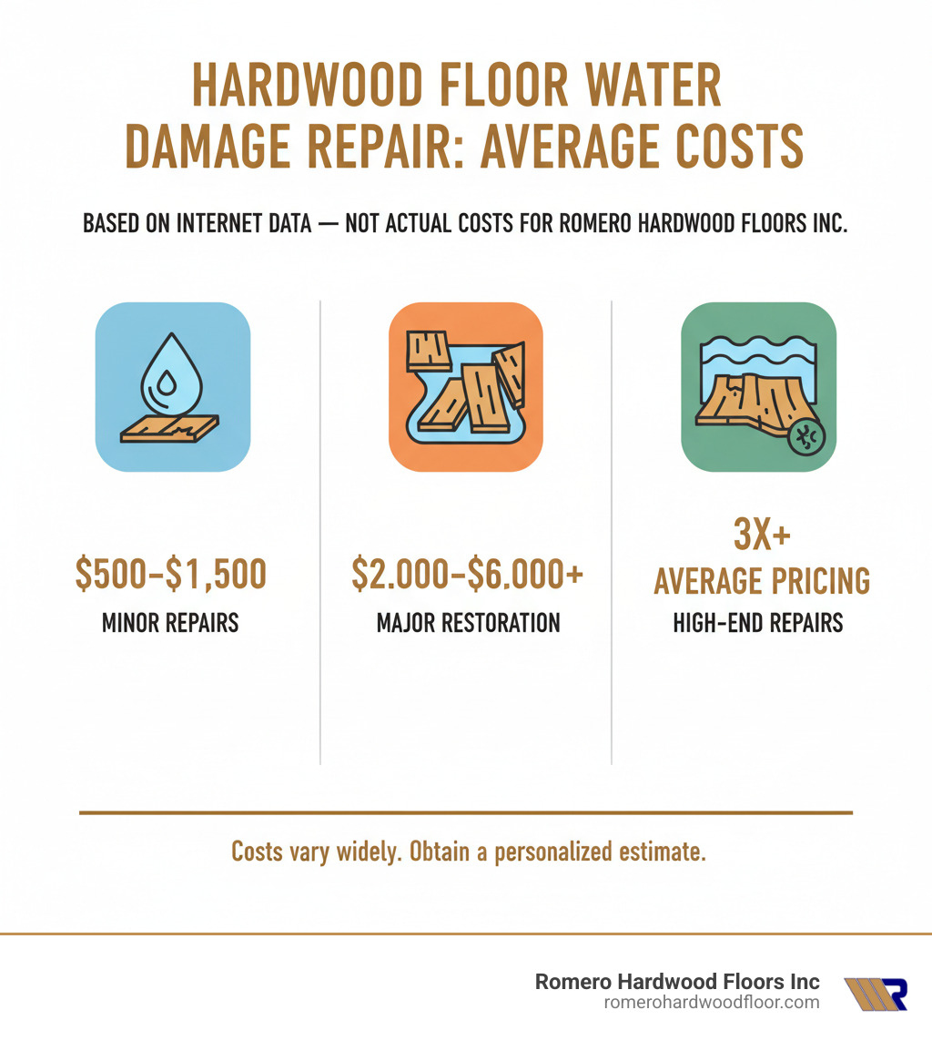 infographic showing a wide range of average costs for hardwood floor water damage repair, based on internet data (e.g., $500–$1,500 for minor repairs, $2,000–$6,000+ for major restoration; high end at least 3x average pricing). Note: These are not actual costs for Romero Hardwood Floors Inc. - Hardwood Floor Water Damage infographic 