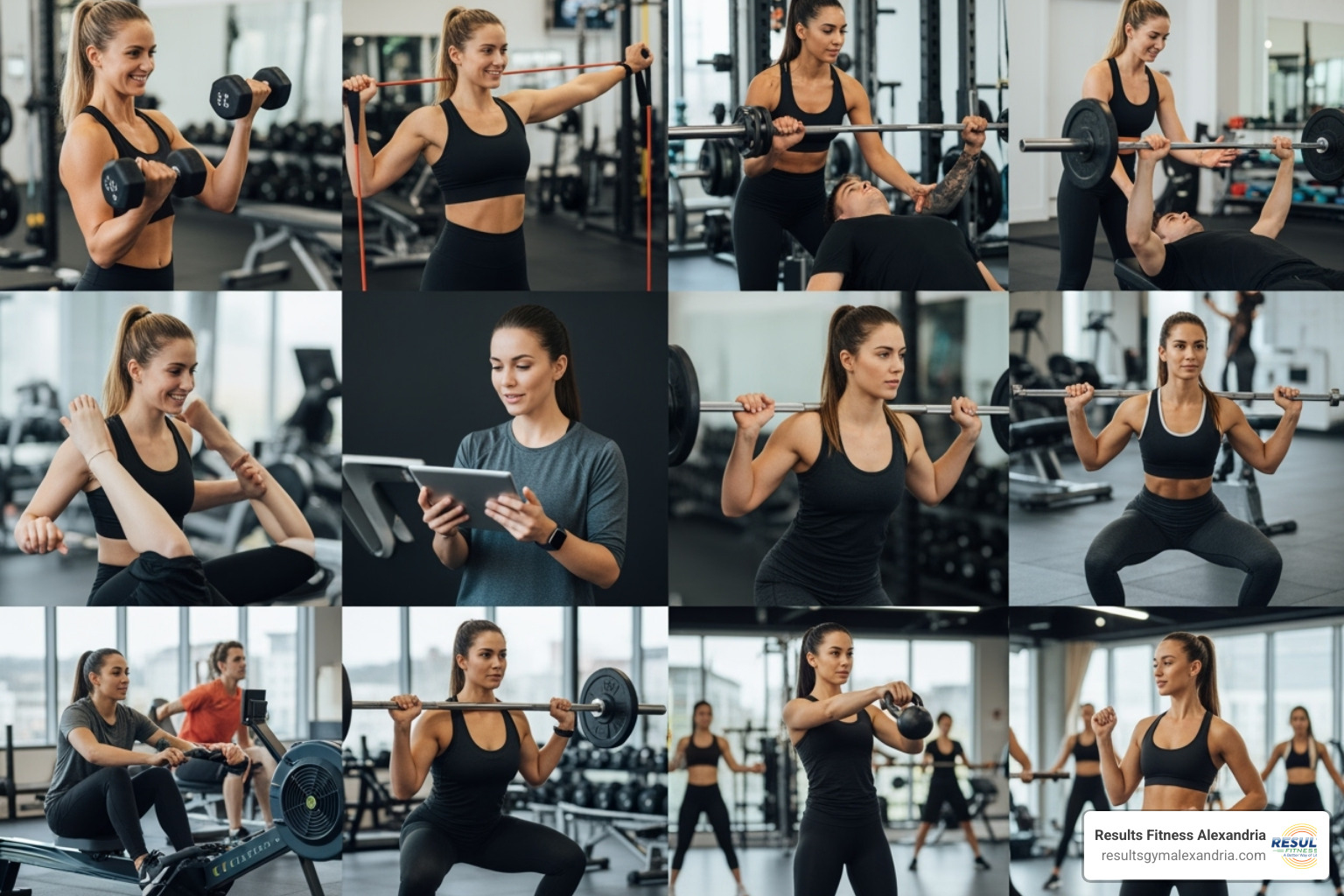 Collage of inspiring female trainers from Results Fitness Alexandria - Female personal trainers