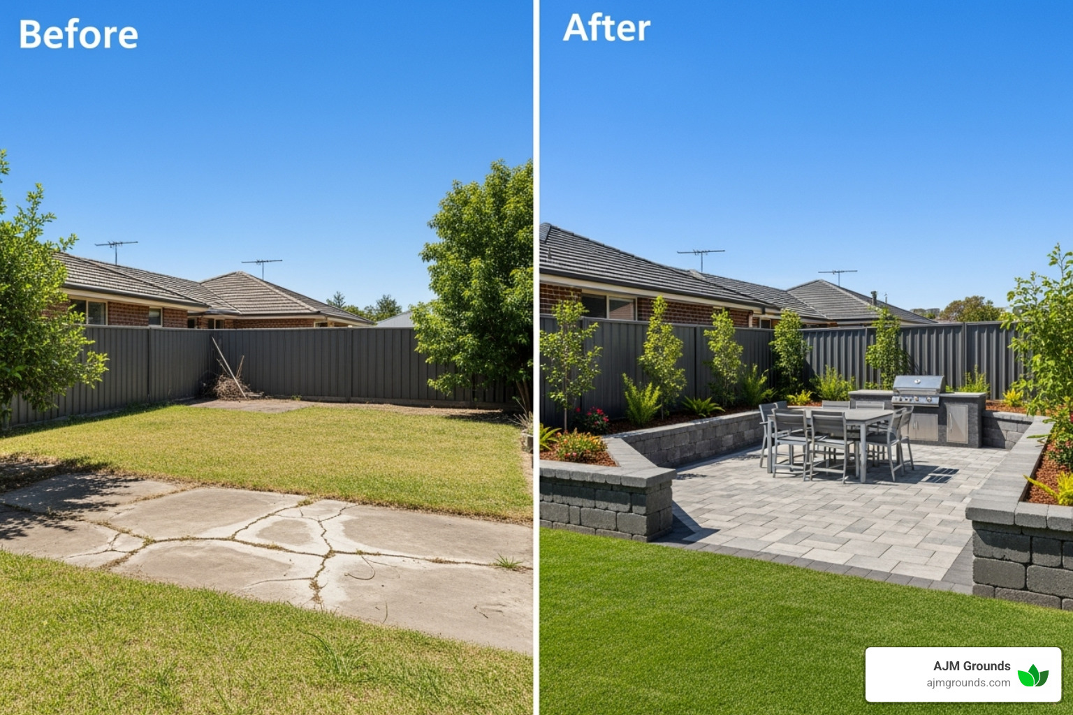 before-and-after shot of a backyard transformed with custom hardscaping - custom hardscaping company before-and-after shot of a backyard transformed with custom hardscaping - custom hardscaping company