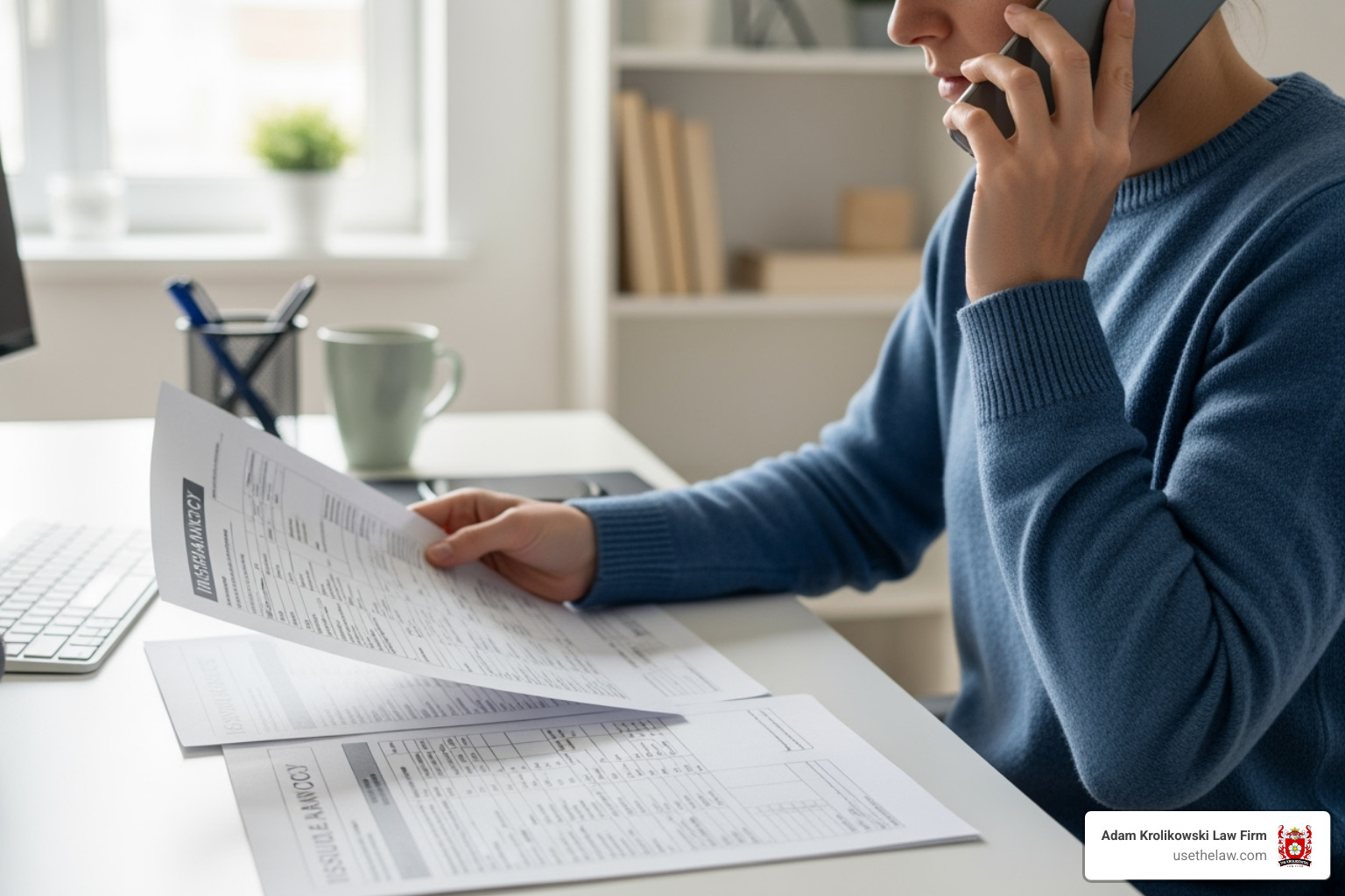 A person on the phone looking at insurance paperwork - car accident claim help A person on the phone looking at insurance paperwork - car accident claim help