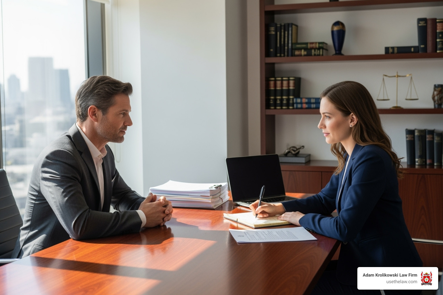 A client meeting with an attorney in an office - car accident claim help A client meeting with an attorney in an office - car accident claim help