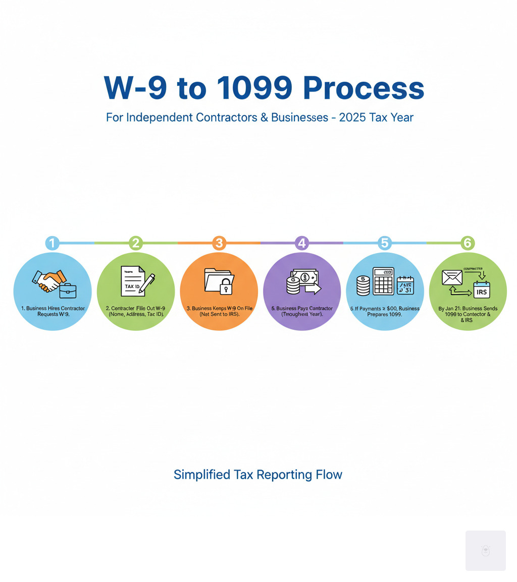 Infographic showing the W-9 to 1099 process: Step 1 - Business hires contractor and requests W-9 form; Step 2 - Contractor fills out W-9 with name, address, and Tax ID; Step 3 - Business keeps W-9 on file (not sent to IRS); Step 4 - Business pays contractor throughout the year; Step 5 - If payments total $600 or more, business files 1099 form; Step 6 - By January 31, business sends 1099 to both contractor and IRS - what is the difference between w 9 and 1099 infographic Infographic showing the W-9 to 1099 process: Step 1 - Business hires contractor and requests W-9 form; Step 2 - Contractor fills out W-9 with name, address, and Tax ID; Step 3 - Business keeps W-9 on file (not sent to IRS); Step 4 - Business pays contractor throughout the year; Step 5 - If payments total $600 or more, business files 1099 form; Step 6 - By January 31, business sends 1099 to both contractor and IRS - what is the difference between w 9 and 1099 infographic