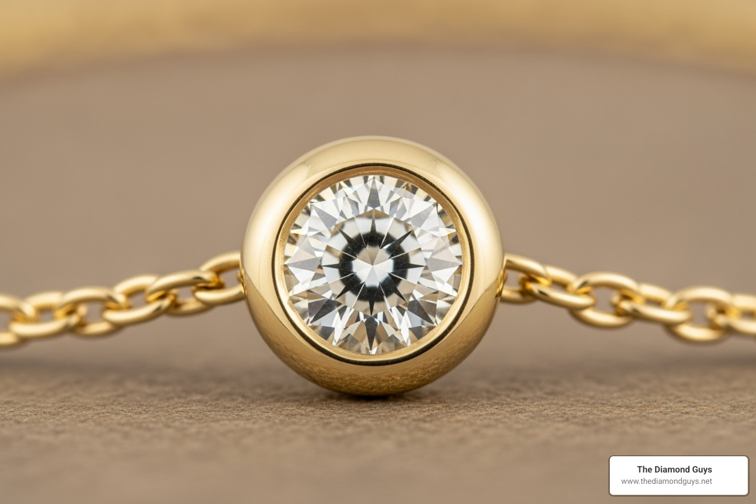 close-up of a bezel-set diamond on a gold chain - diamond necklace by the yard