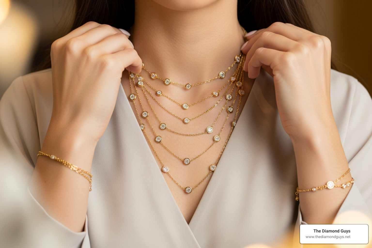 person layering multiple 'Diamonds by the Yard' necklaces - diamond necklace by the yard