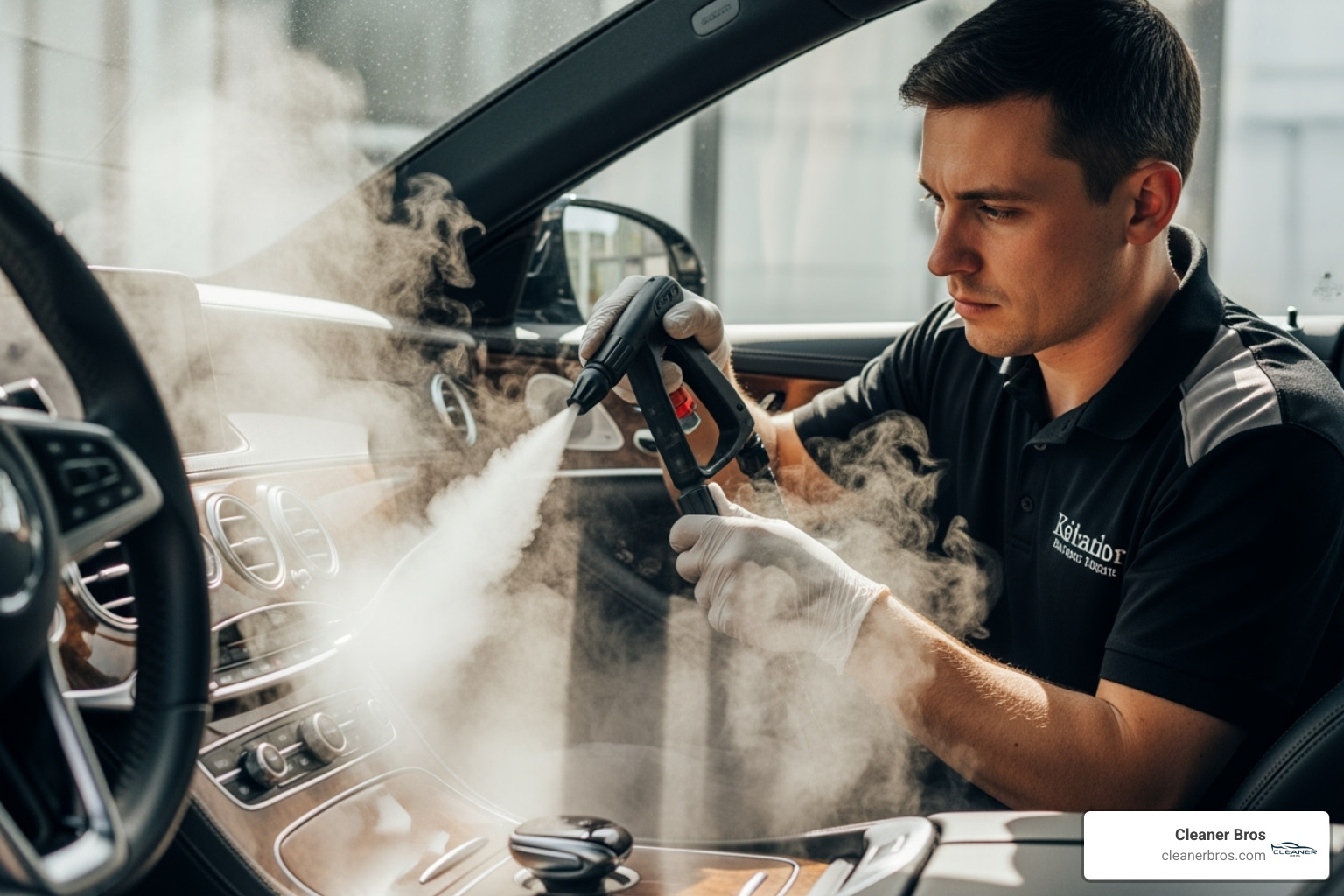 detailer carefully steam cleaning a car's interior - auto detailing provo orem