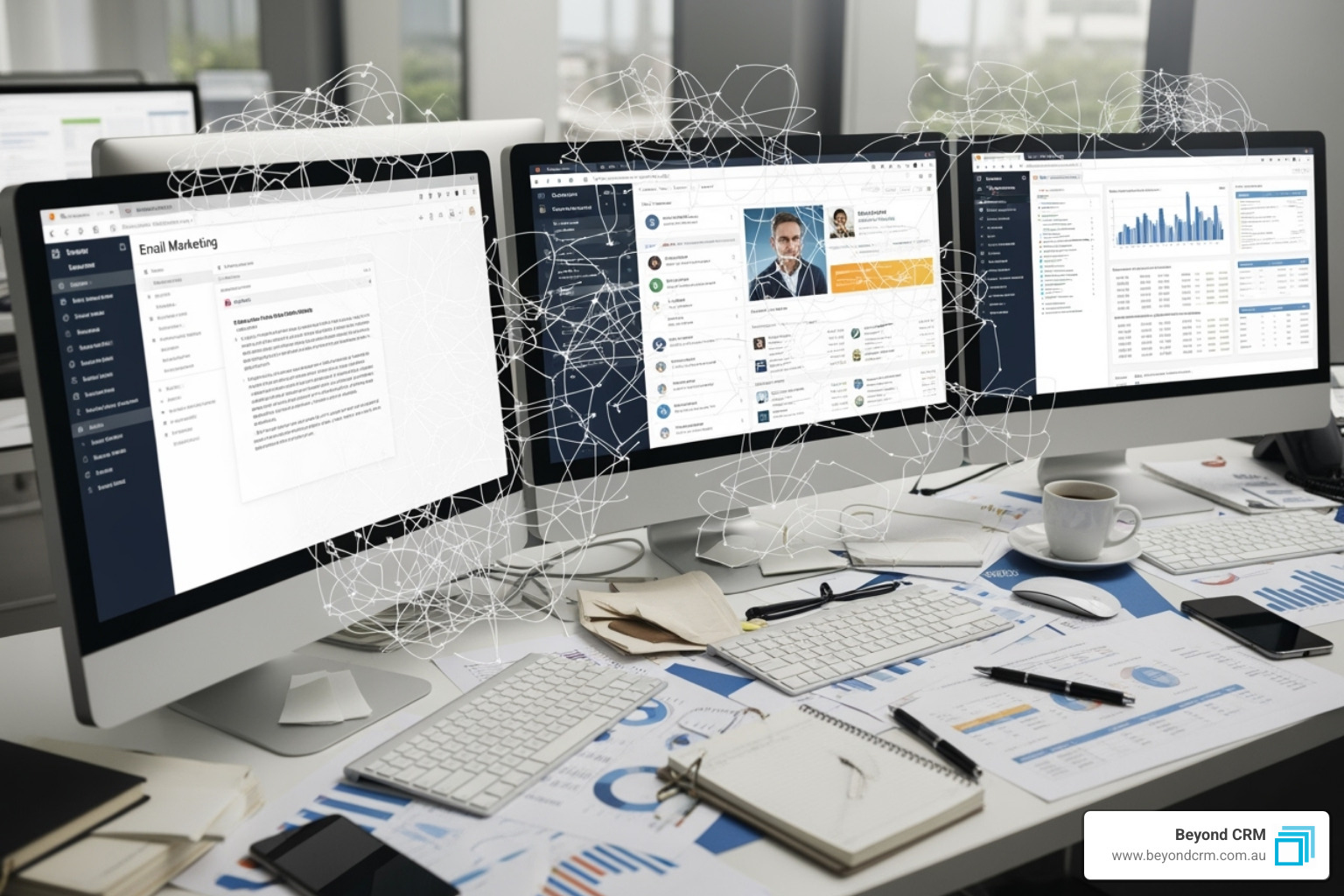 An image illustrating the chaos of disconnected marketing tools, showing fragmented data flowing from multiple apps like email, social media, and analytics into messy, overflowing spreadsheets, symbolising lost information and inefficient workflows - CRM for marketing teams