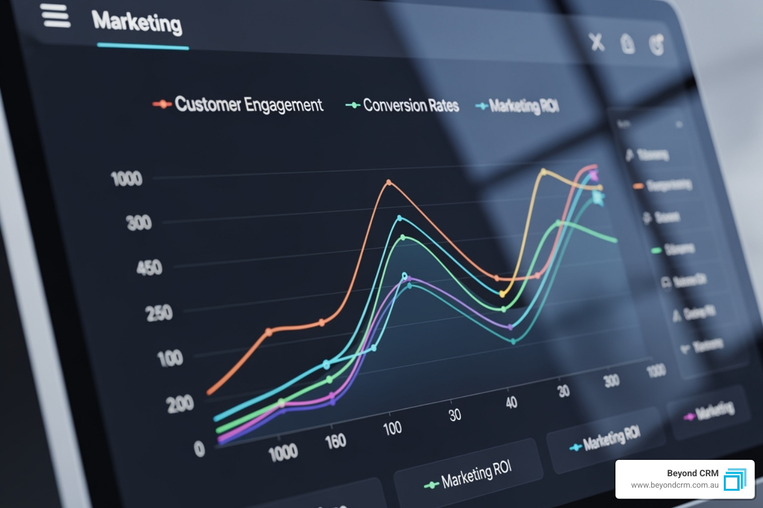 A vibrant graph illustrating upward trends in key marketing metrics such as customer engagement, conversion rates, and marketing ROI following the successful implementation of a CRM system - CRM for marketing teams