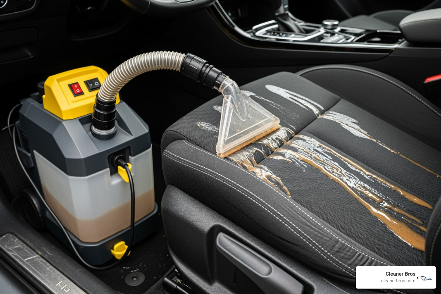portable upholstery machine in action on a car seat - best upholstery cleaner for car detailing