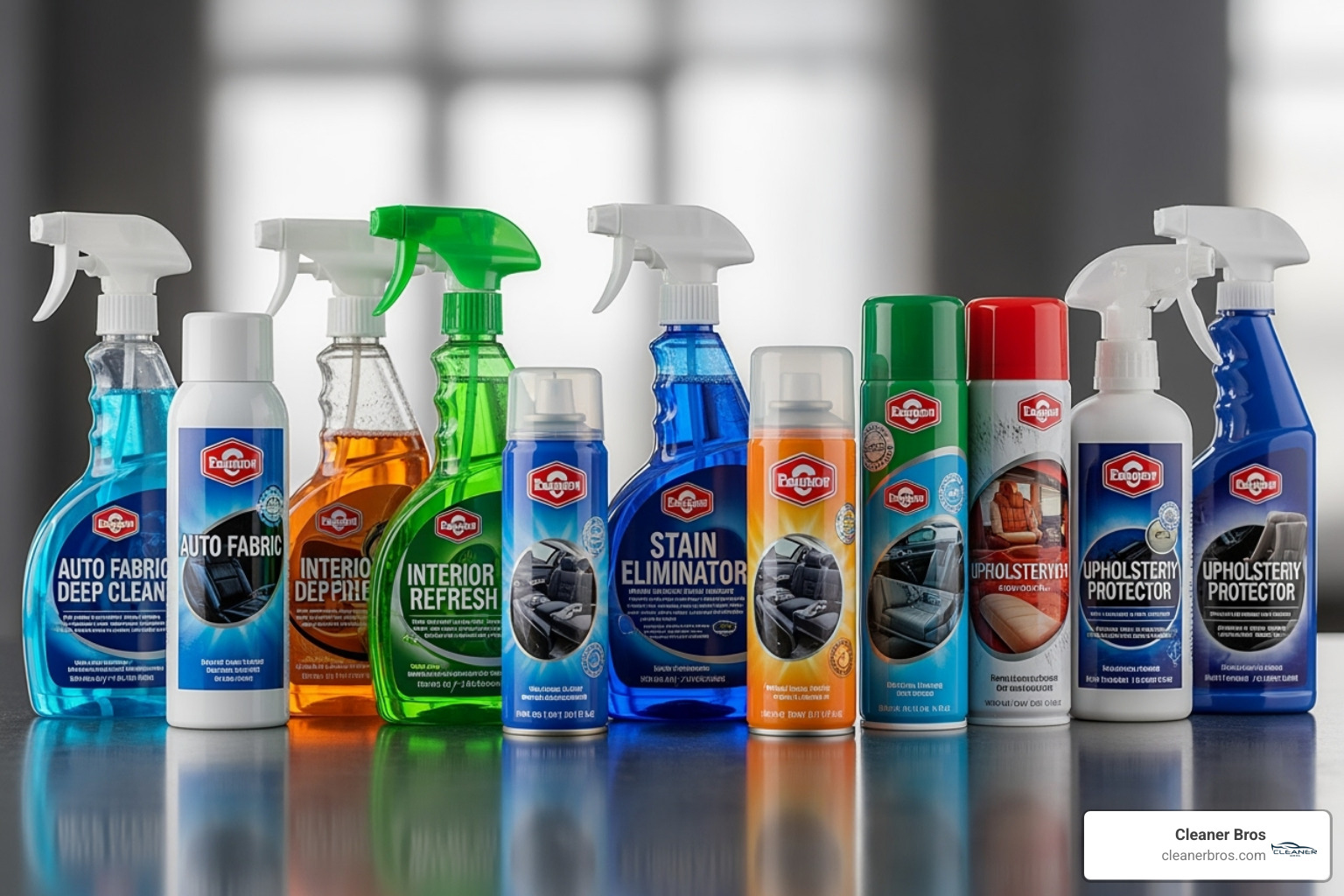various spray and foam upholstery cleaners lined up - best upholstery cleaner for car detailing