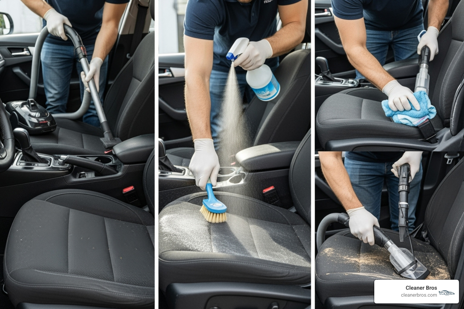 step-by-step process: vacuum, spray, agitate, wipe/extract - best upholstery cleaner for car detailing