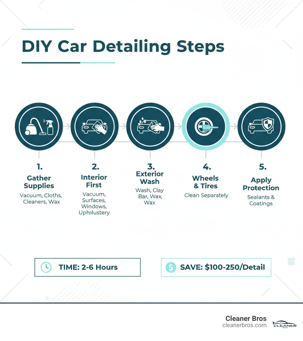 infographic showing the key steps of car detailing: 1) Gather supplies (vacuum, microfiber cloths, cleaners, wax), 2) Start with interior (vacuum, clean surfaces, windows, upholstery), 3) Move to exterior (wash top-to-bottom, clay bar, wax), 4) Detail wheels and tires separately, 5) Apply protective products, with average time of 2-6 hours and cost savings of $100-250 per detail compared to professional services - detail car at home infographic 