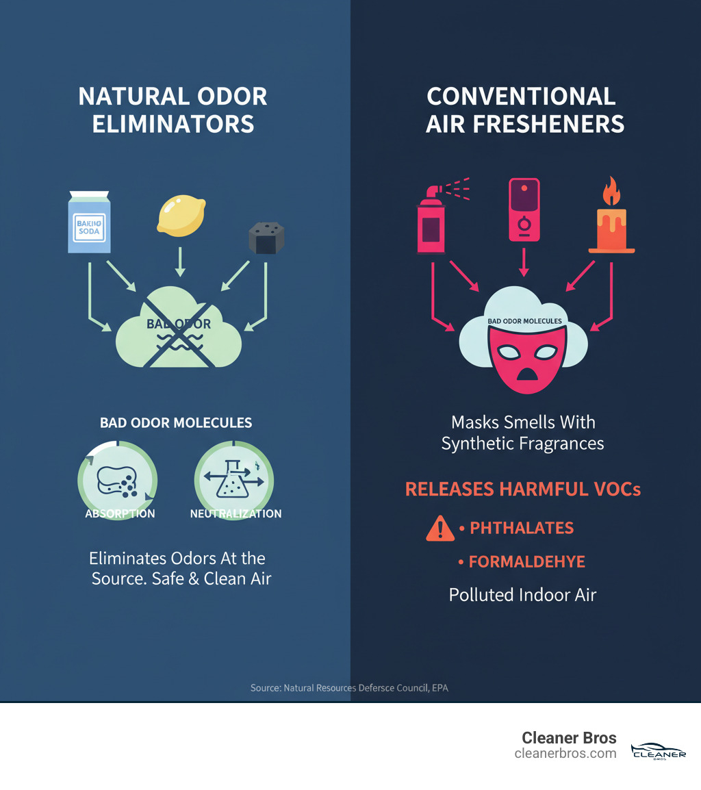 infographic showing how natural odor eliminators neutralize odor molecules at the source through absorption and chemical neutralization, compared to conventional air fresheners that mask smells with synthetic fragrances and release harmful VOCs like phthalates and formaldehyde into the air - all natural odor eliminator infographic 