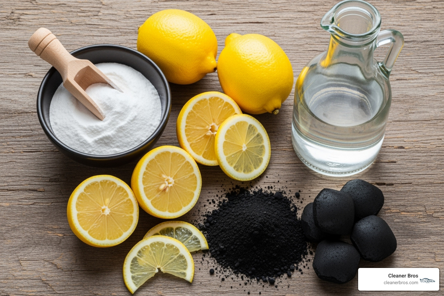 various natural ingredients like baking soda, vinegar, lemons, and activated charcoal arranged on a wooden surface - all natural odor eliminator