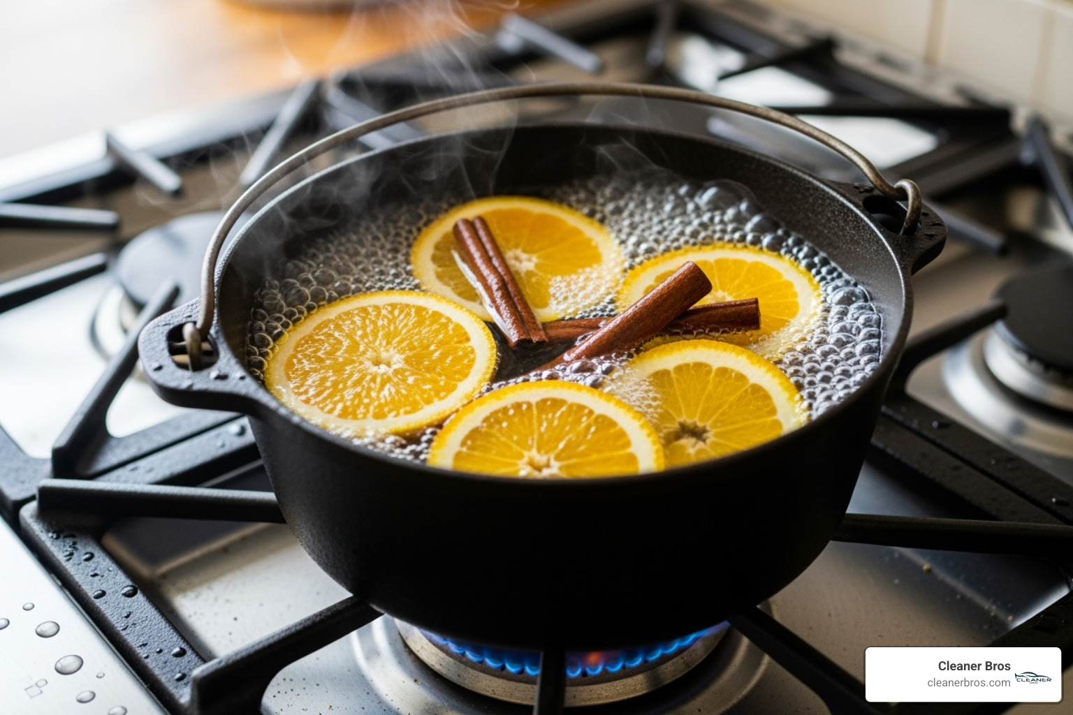 simmering pot on a stove with orange slices and cinnamon sticks - all natural odor eliminator
