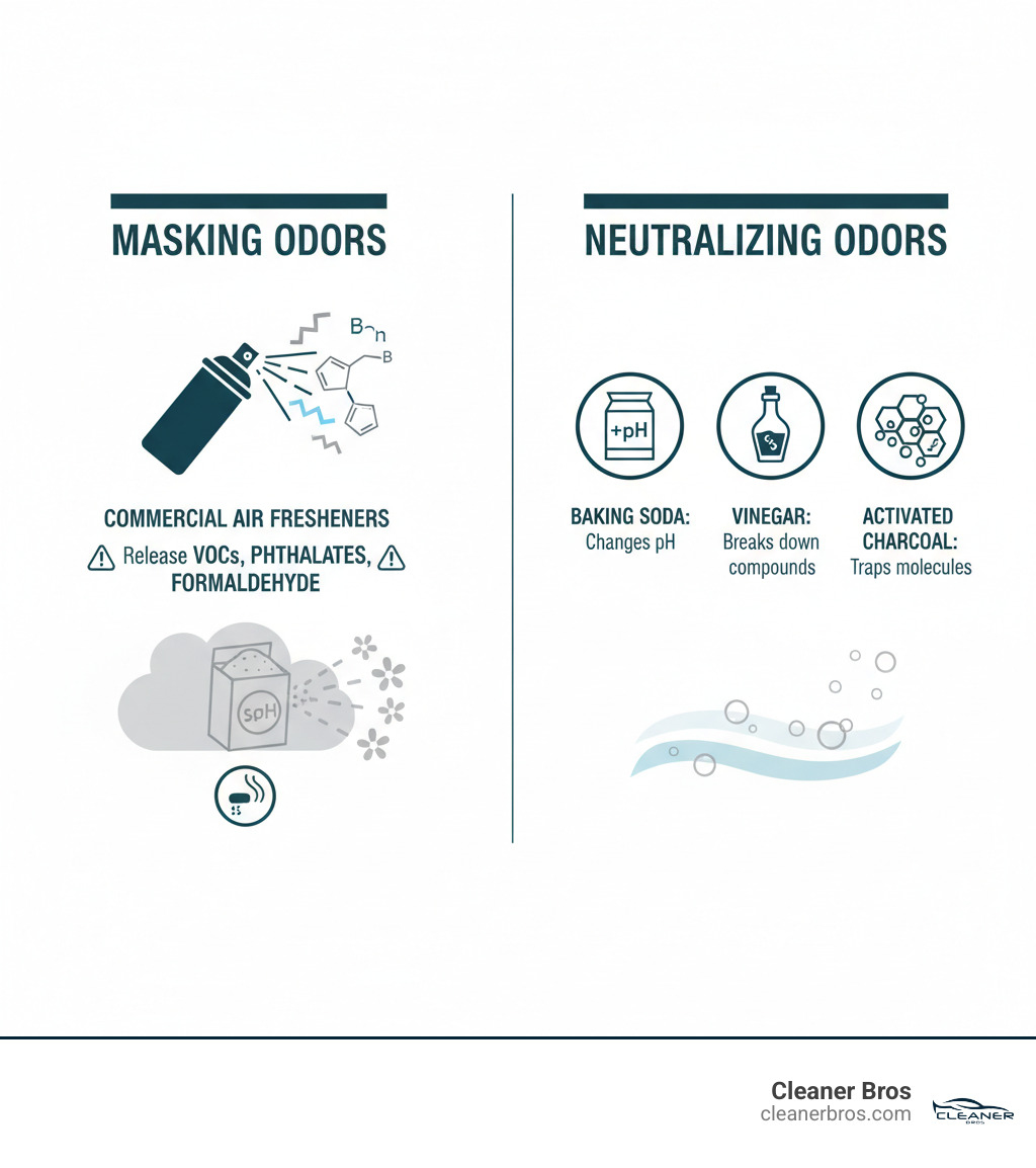infographic showing the difference between masking odors with commercial air fresheners that release VOCs, phthalates, and formaldehyde versus neutralizing odors at the molecular level using natural ingredients like baking soda that changes pH, vinegar that breaks down odor compounds, and activated charcoal that traps odor molecules in its porous structure - natural odor remover infographic 