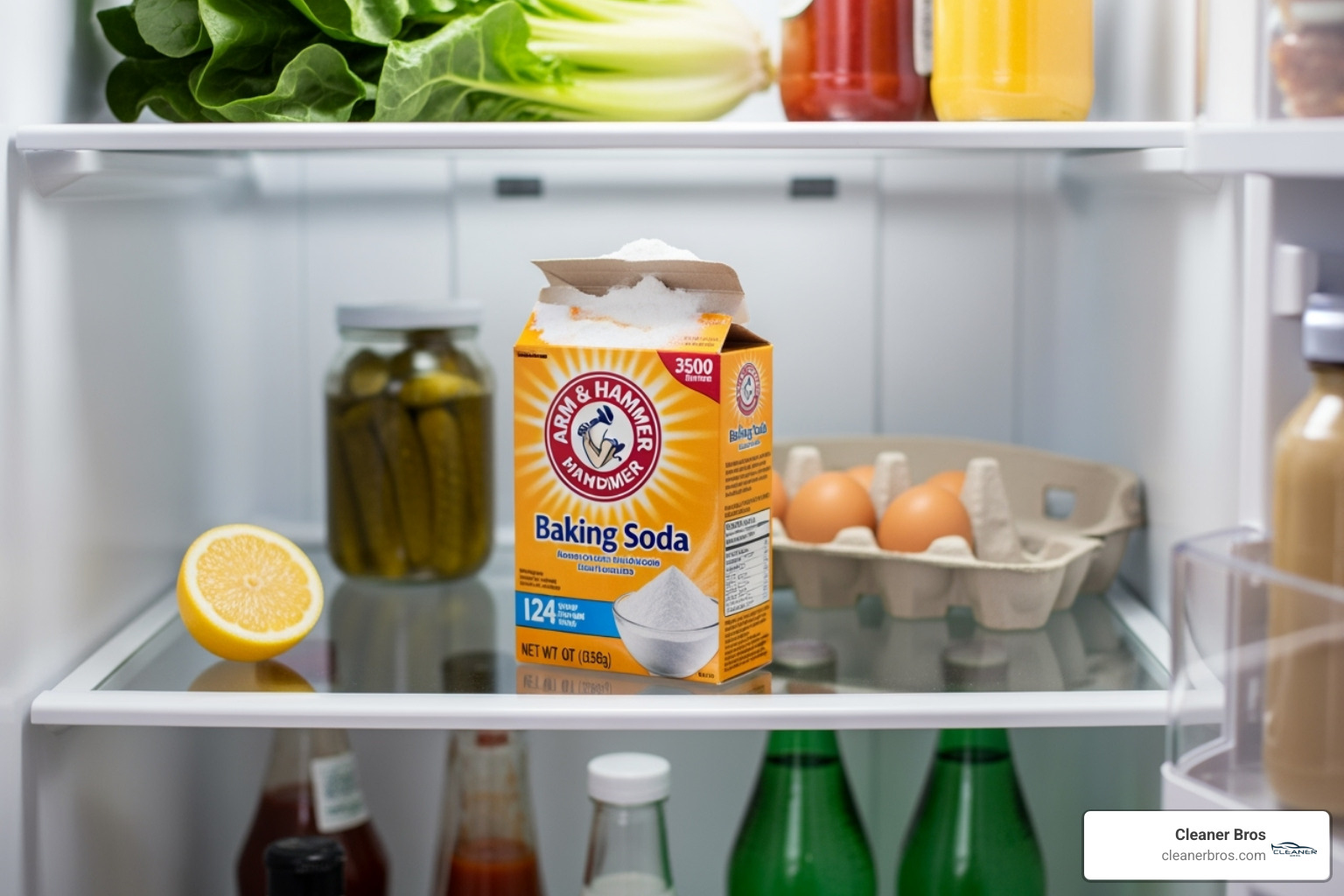 open box of baking soda in a refrigerator - natural odor remover