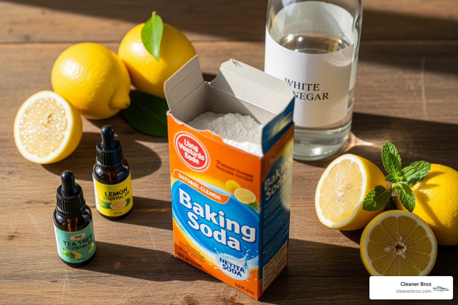 common natural ingredients like baking soda, vinegar, lemons, and essential oils on a wooden countertop - natural odor remover