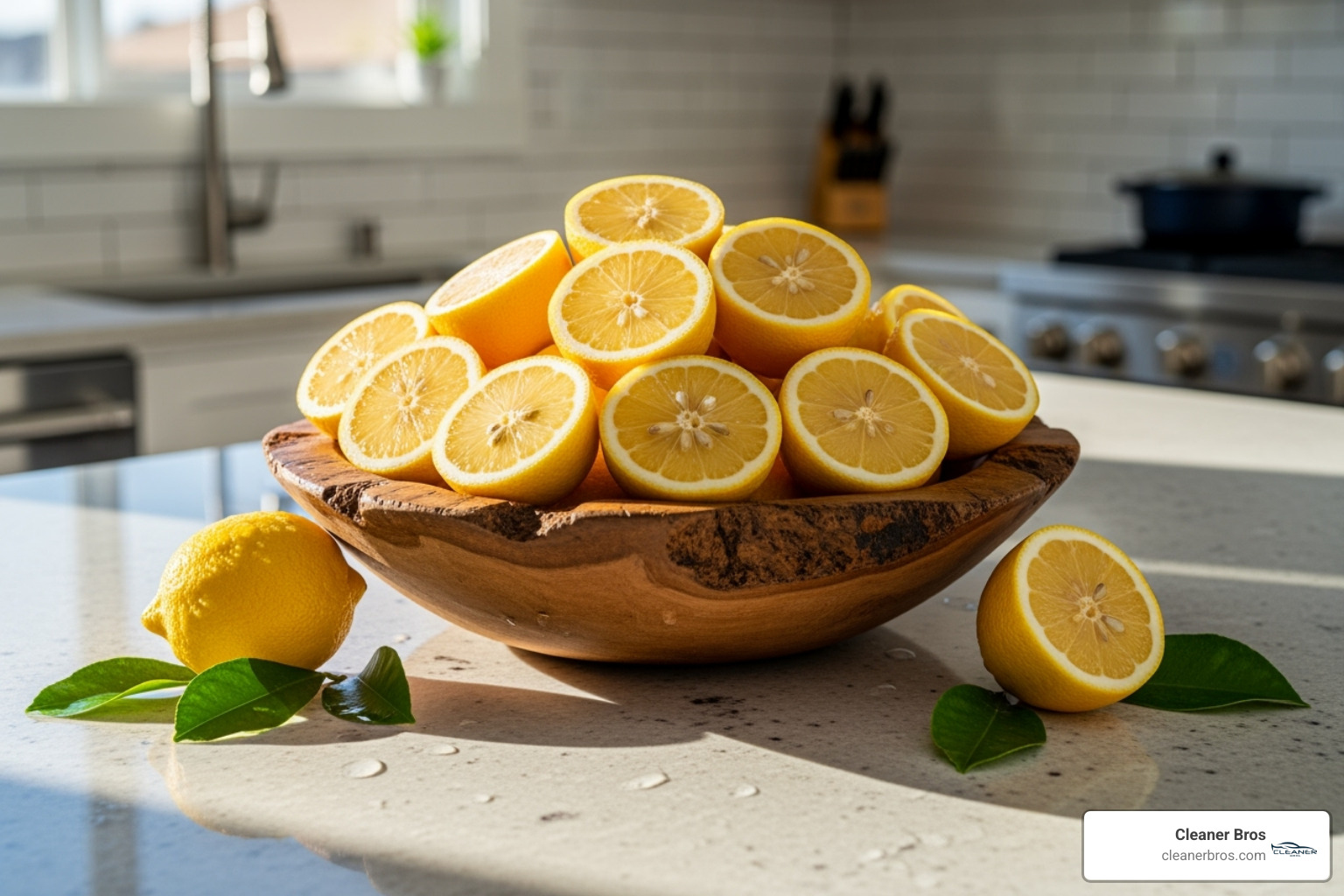 clean kitchen with a bowl of lemon halves on the counter - natural odor remover