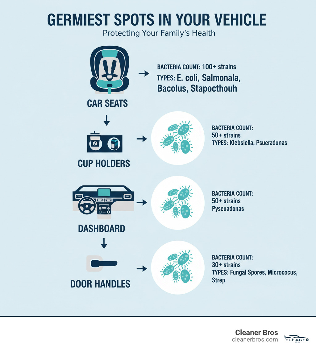 infographic showing the germiest spots in a vehicle interior with car seats at the top, followed by cupholders, dashboard, and door handles, with bacteria counts and types labeled for each area - car seat cleaning infographic 