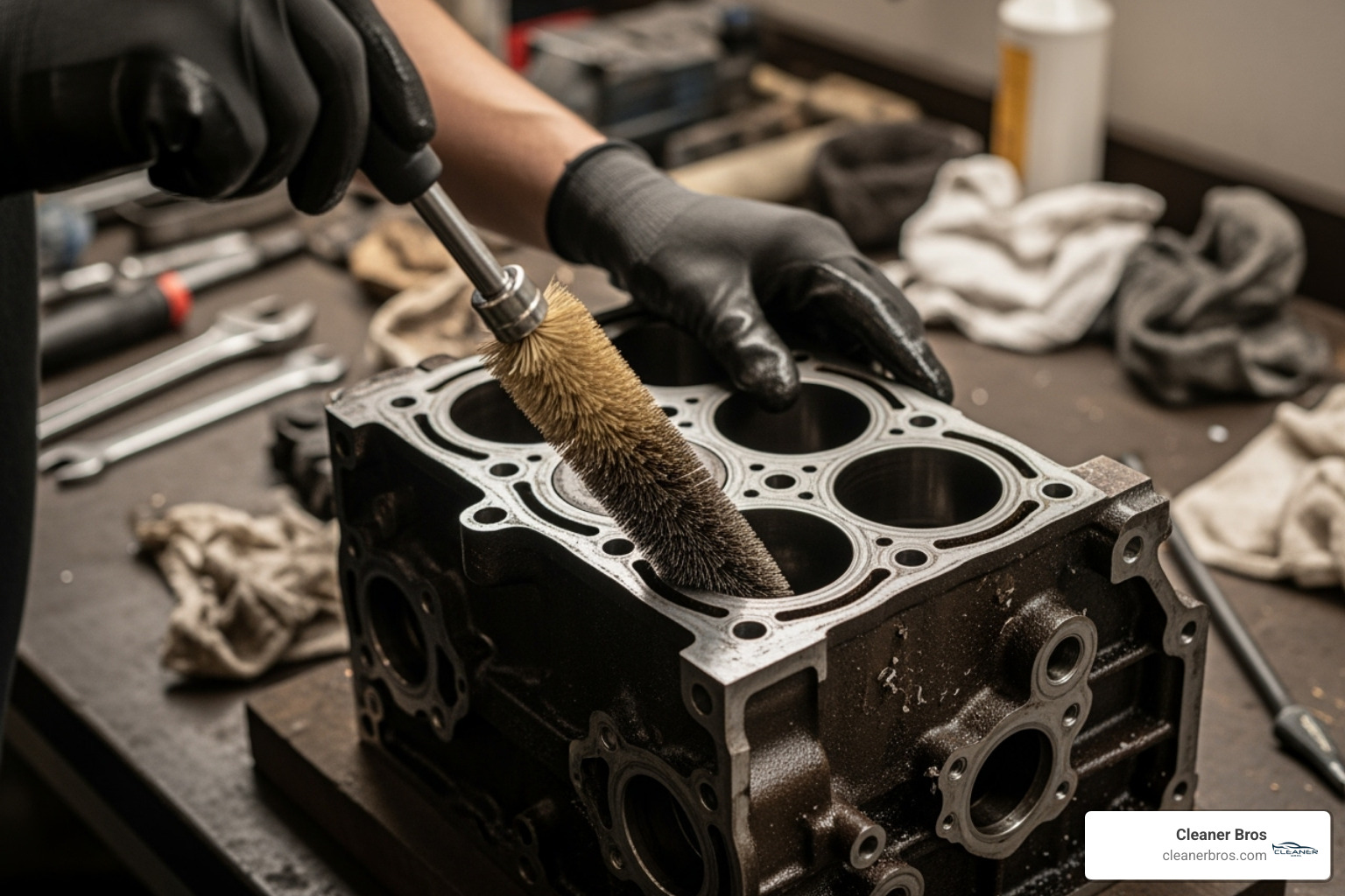 cleaning cylinder bores with a long, stiff bottle brush - chemical cleaning engine block