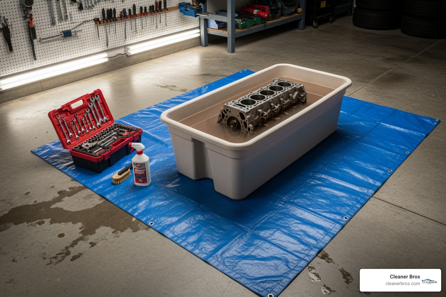 DIY soaking setup using a large plastic tub with an engine block submerged - chemical cleaning engine block