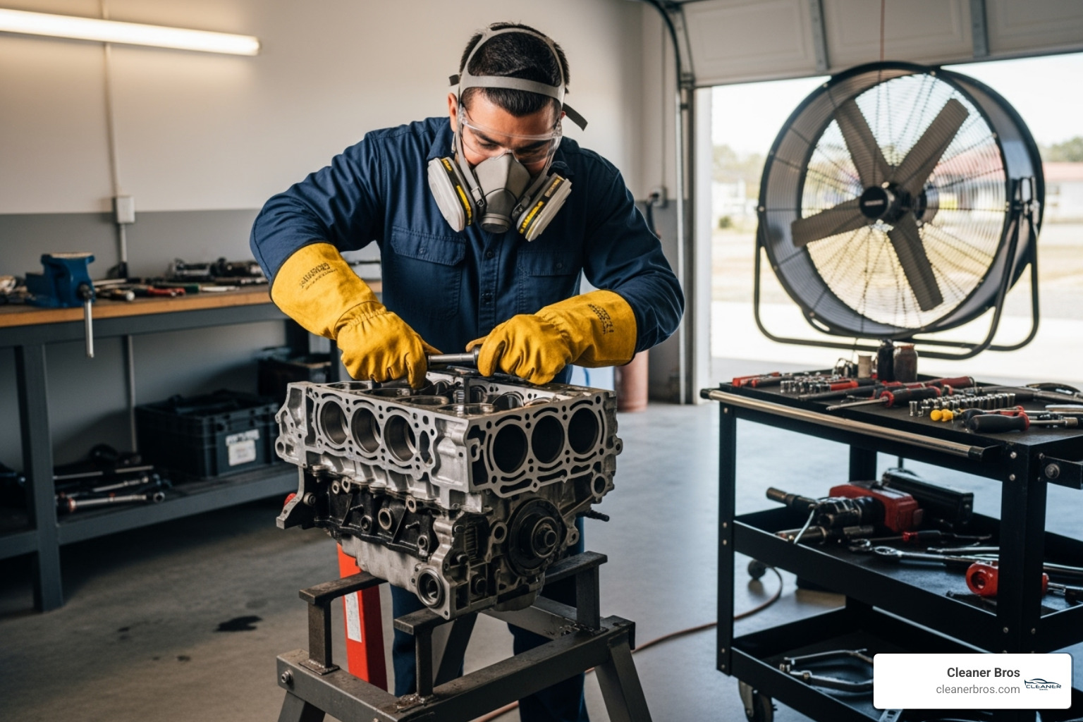 person wearing full PPE in a well-ventilated garage - chemical cleaning engine block