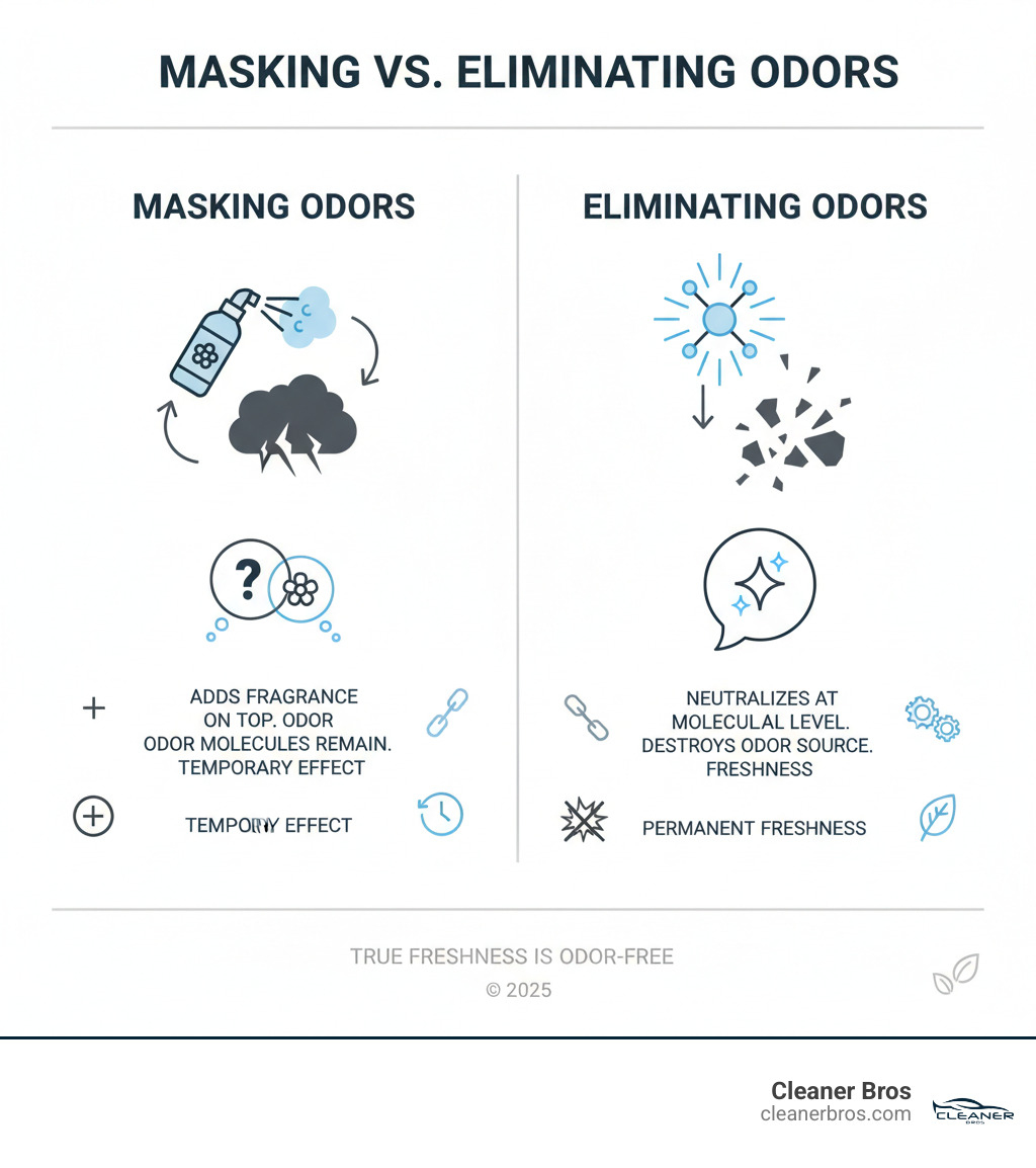 infographic explaining the difference between masking odors with fragrance and truly eliminating them at the molecular level - odor elimination infographic 