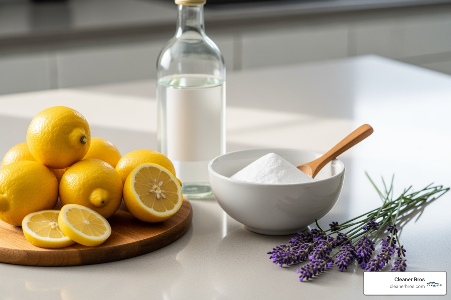 key natural ingredients like lemons, vinegar, baking soda, and lavender sprigs - natural odor eliminator spray