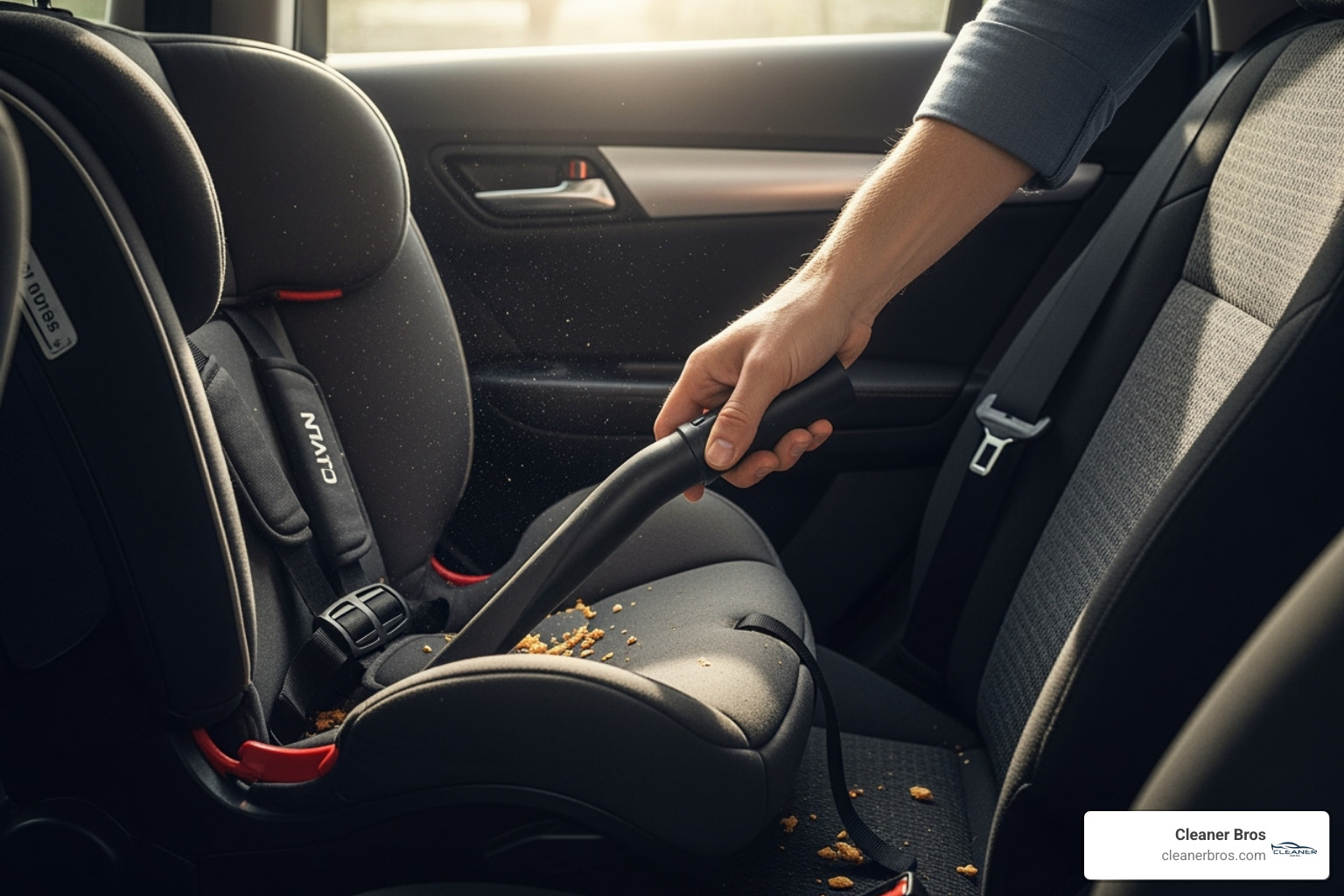 person vacuuming crumbs from a car seat using a crevice tool - car seat cleaning