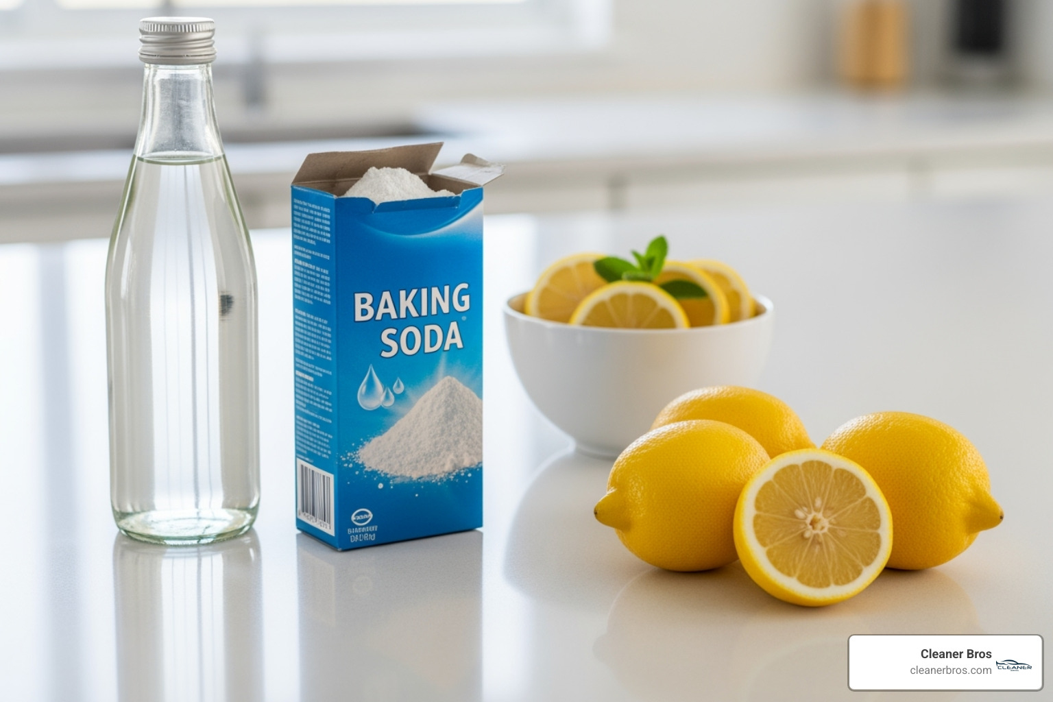 household items like baking soda, vinegar, and lemons on a clean countertop - odor elimination