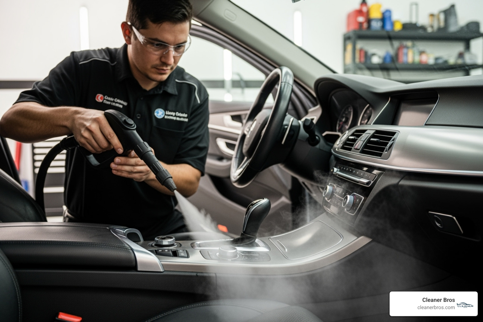 image of a detailer steam cleaning a car's interior - on site auto detailing