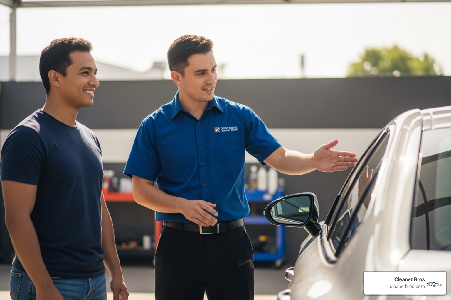 image of a friendly, uniformed detailer talking to a customer - on site auto detailing