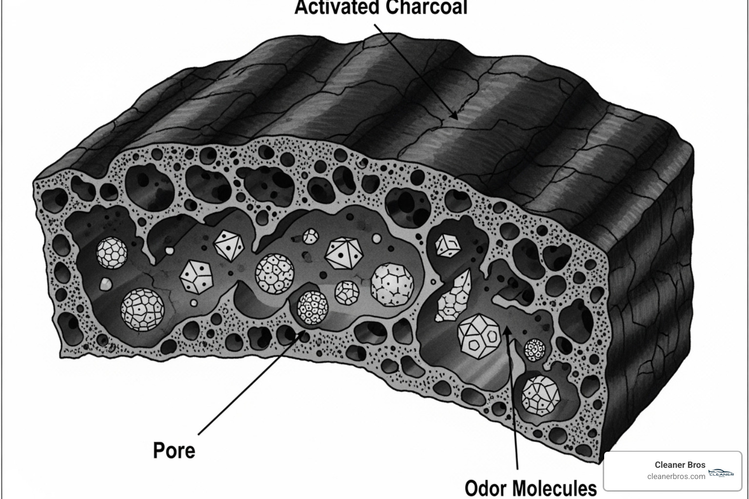 diagram showing odor molecules being trapped by activated charcoal - odor elimination