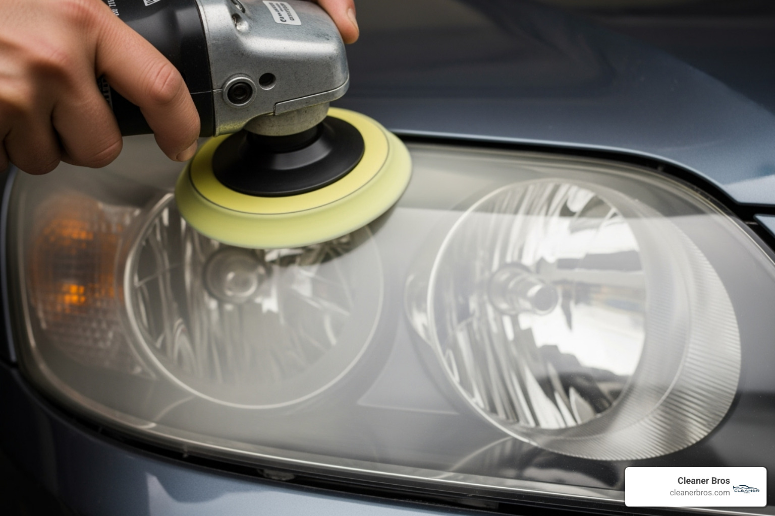 headlight being polished to a clear finish - oxidized headlight restoration