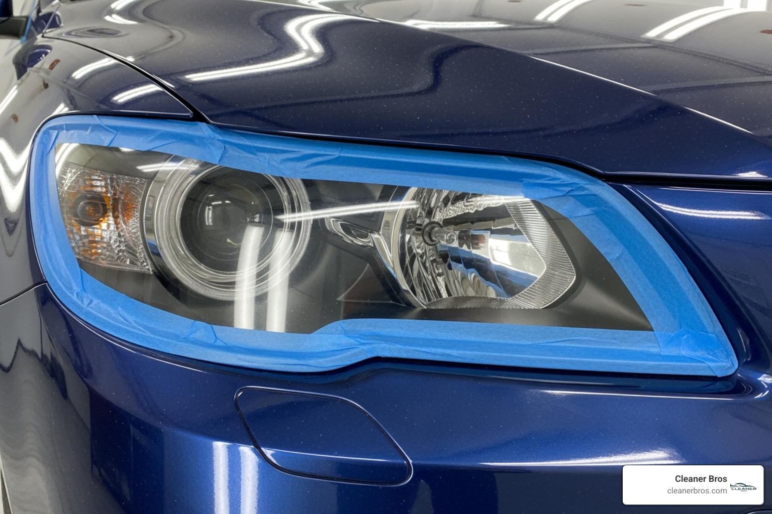 headlight being masked off with tape - oxidized headlight restoration