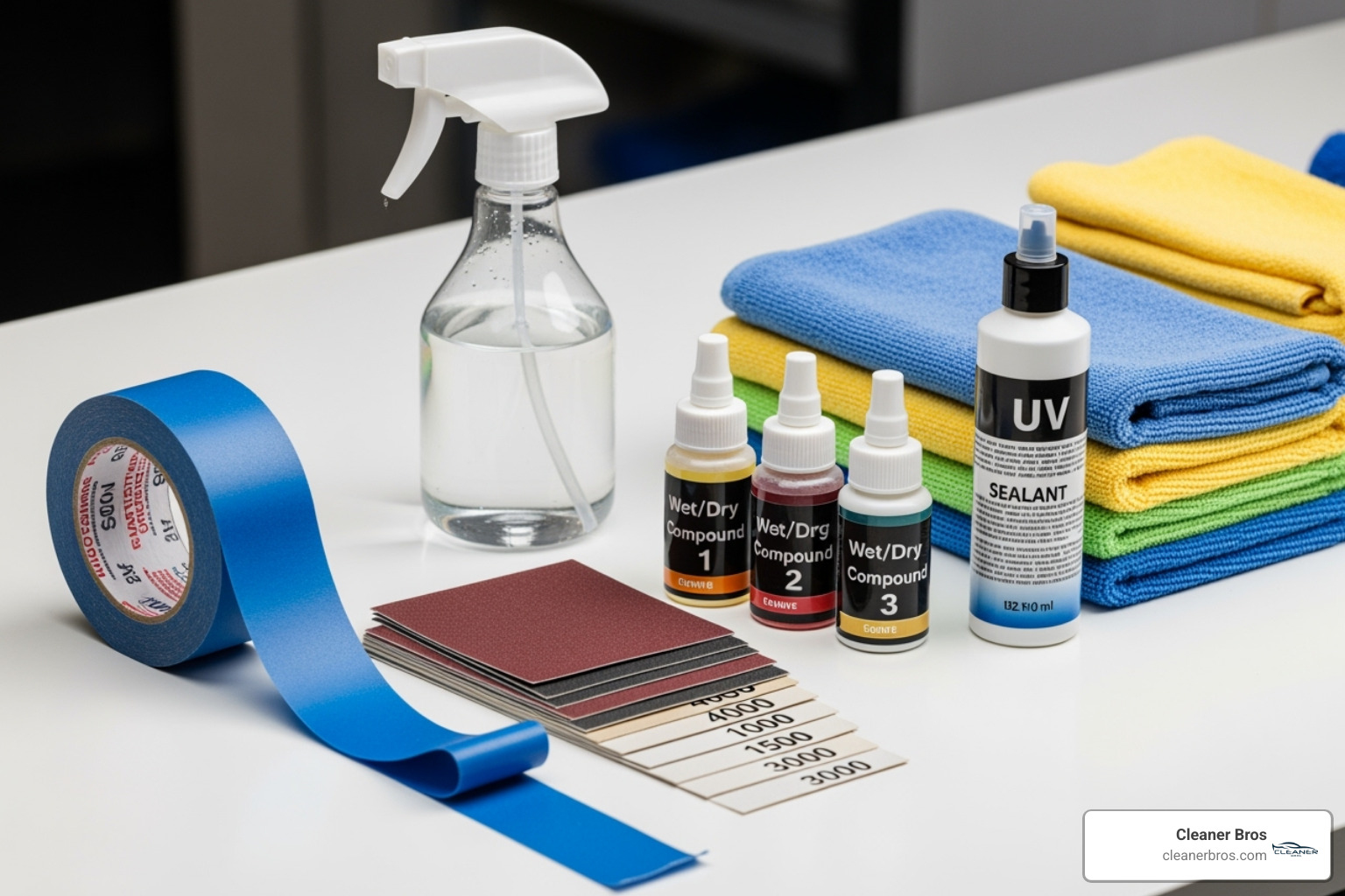 all necessary tools and materials laid out for headlight restoration - oxidized headlight restoration