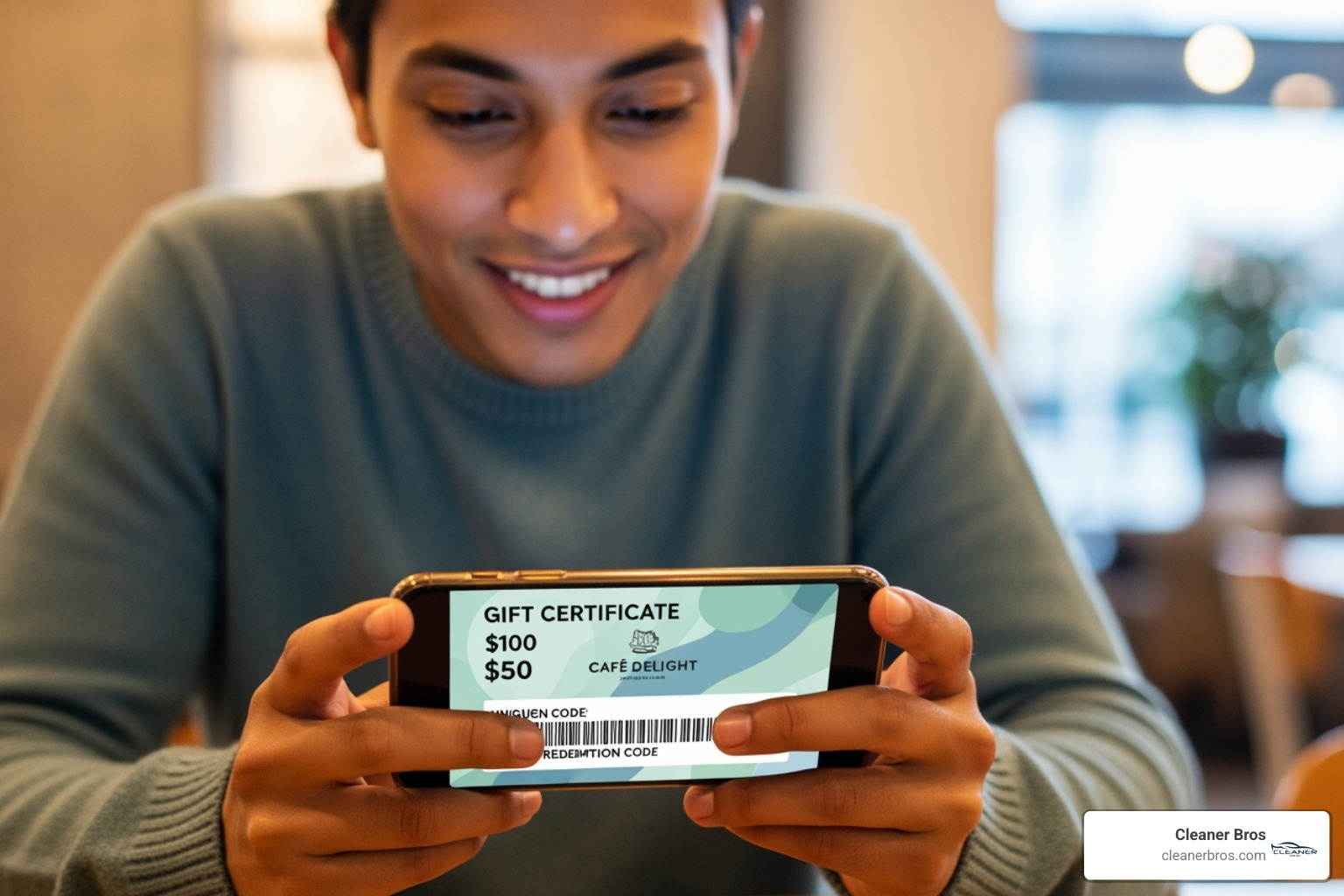 Happy person receiving a digital gift certificate on their phone - car detailing gift certificate