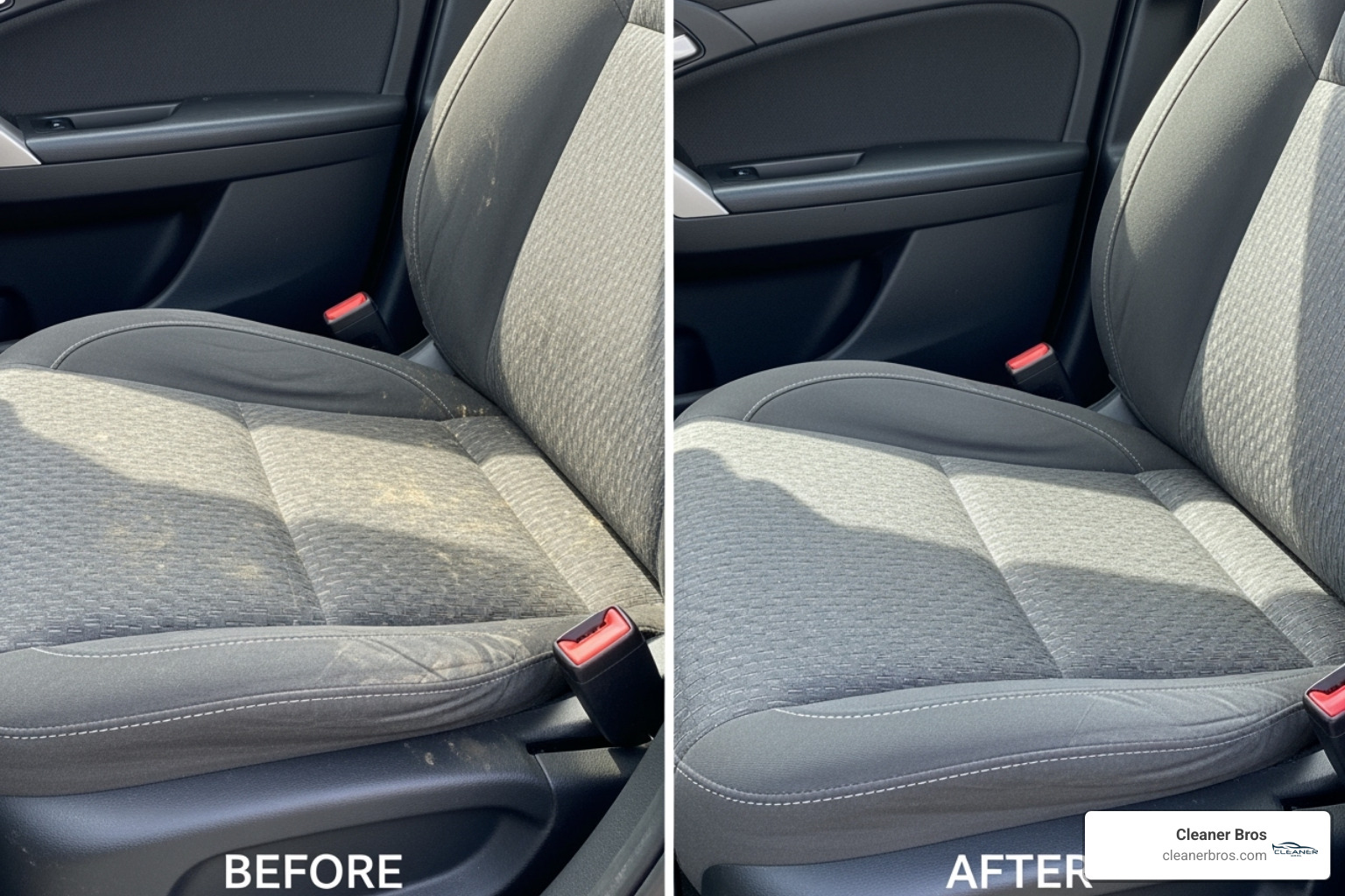 Split-shot showing a before-and-after of a shampooed car seat - car detailing gift certificate