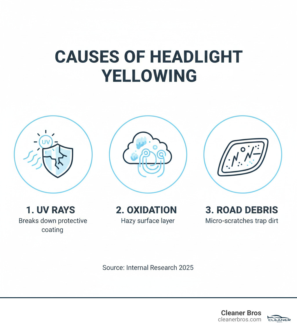 Infographic showing three main causes of headlight yellowing: UV rays breaking down protective coating, oxidation causing hazy surface layer, and road debris creating micro-scratches that trap dirt - head light restoration infographic 